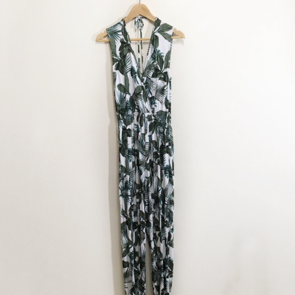 La Vie En Rose Swimsuit Coverup Jumpsuit Tropical Leaf Print Stretchy Pockets